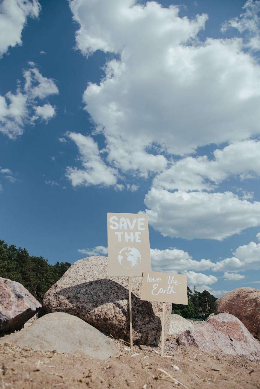 Eco-friendly signs promoting Earth conservation against a clear blue sky on a rocky beach.